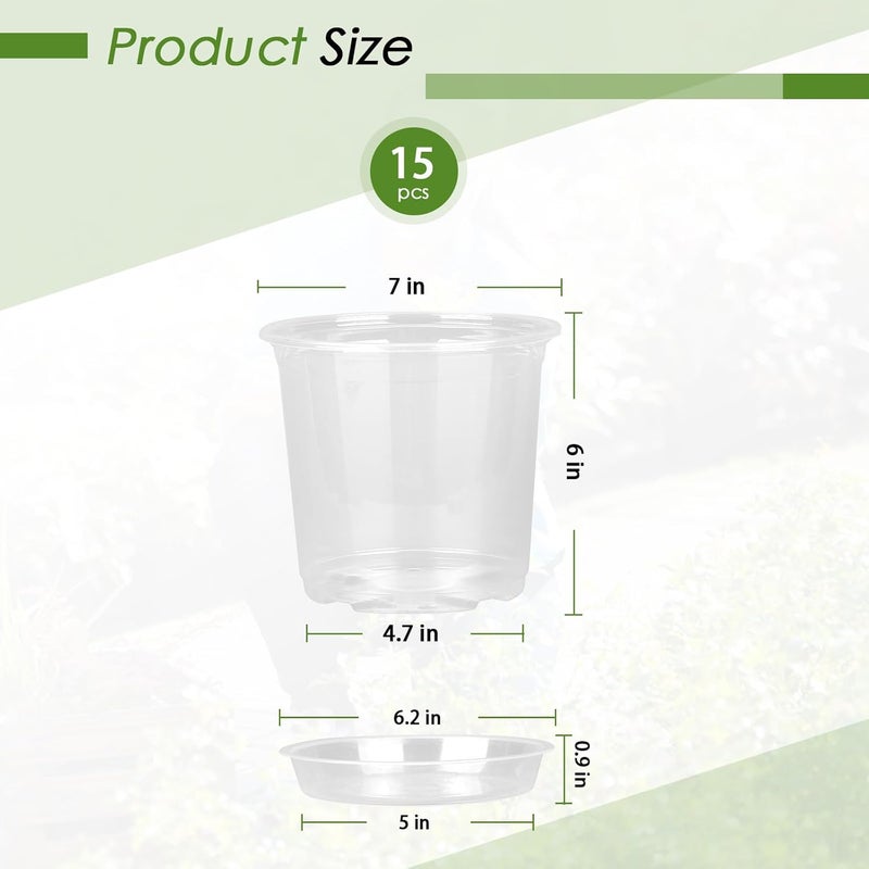 FUIJOL 7 Inch Clear Nursery Pots for Plants with Sacuers 15 Pack, Plastic Flower Pots with Drainage Holes, Variety Pack Seedlings Garden Pot for Indoor Outdoor (7 inch) - Image 2